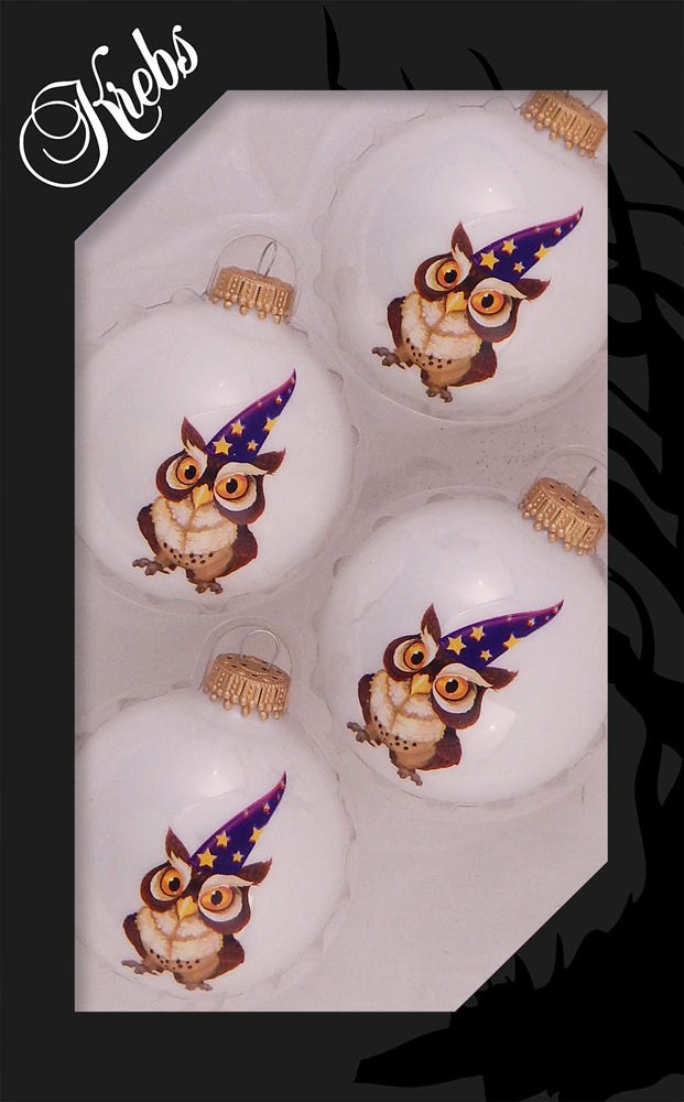 Halloween Owl in Witch Hat Glass Ball Ornaments, 4-Pack