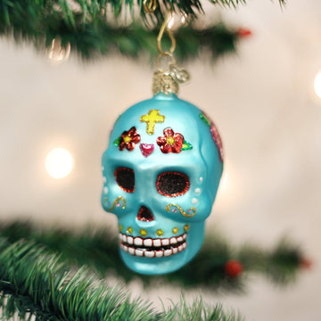 Day of the Dead Turquoise Sugar Skull Glass Ornament