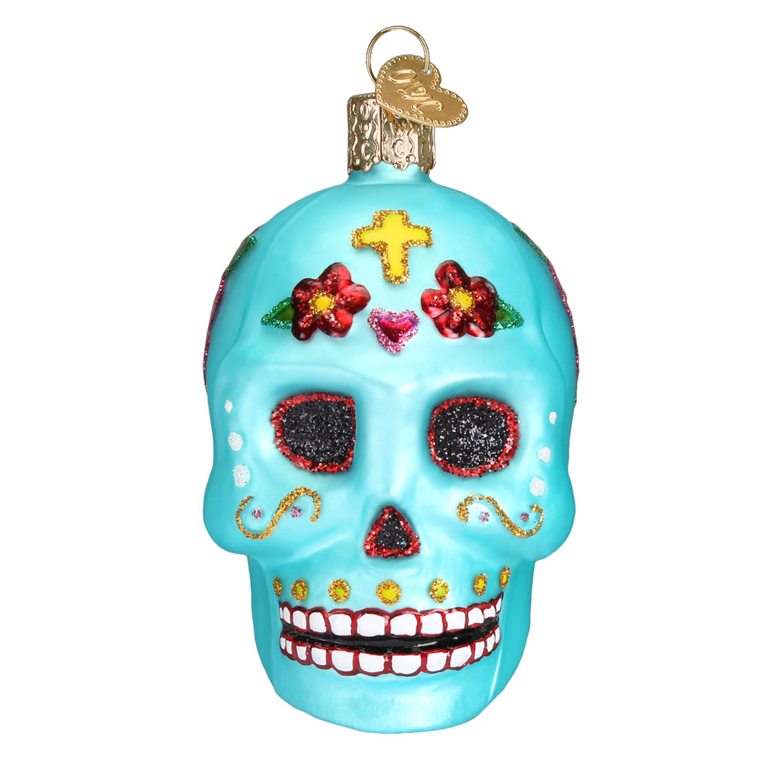 Day of the Dead Turquoise Sugar Skull Glass Ornament