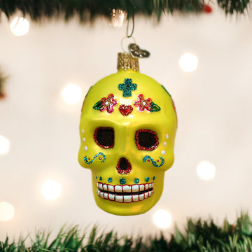 Yellow Sugar Skull Glass Ornament