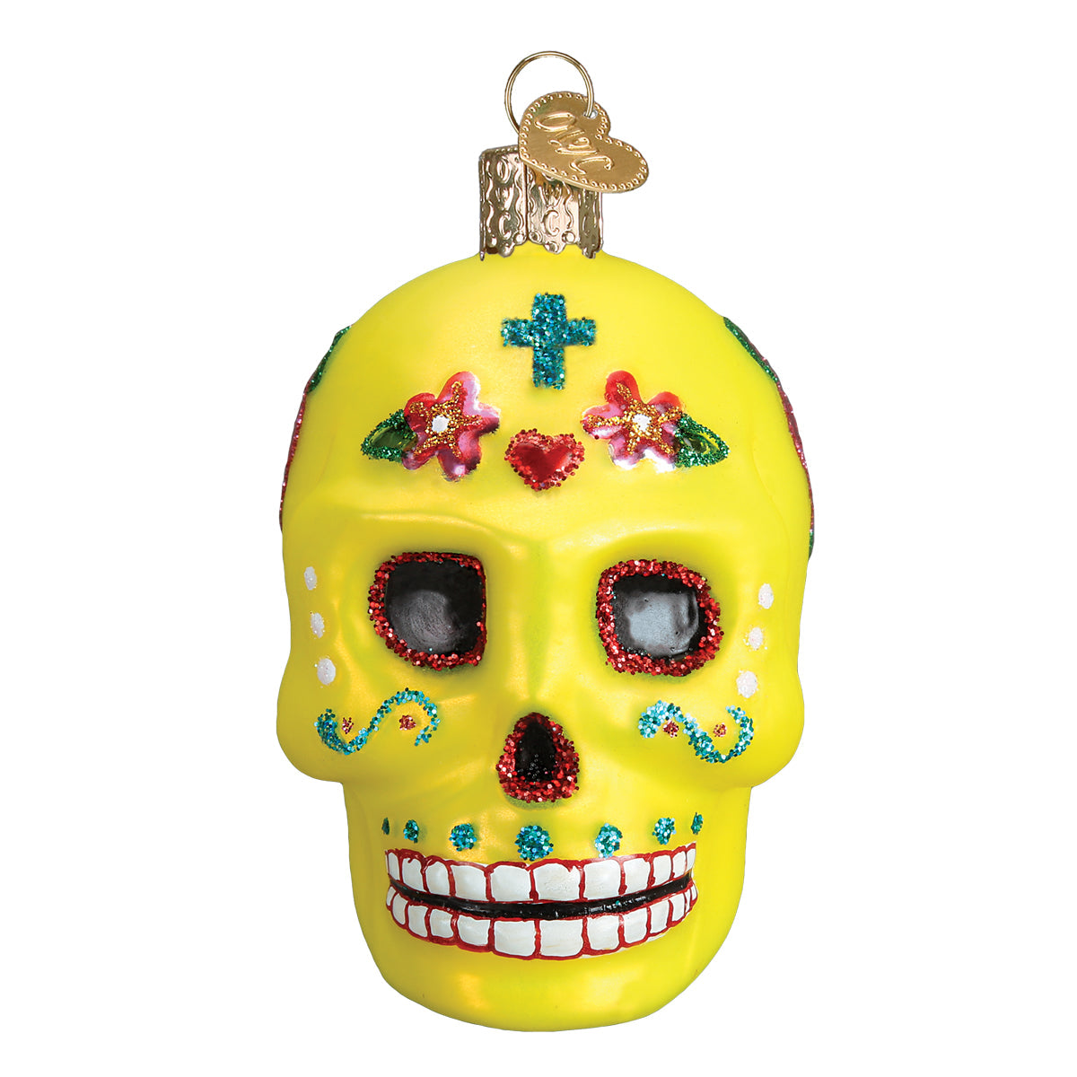 Yellow Sugar Skull Glass Ornament
