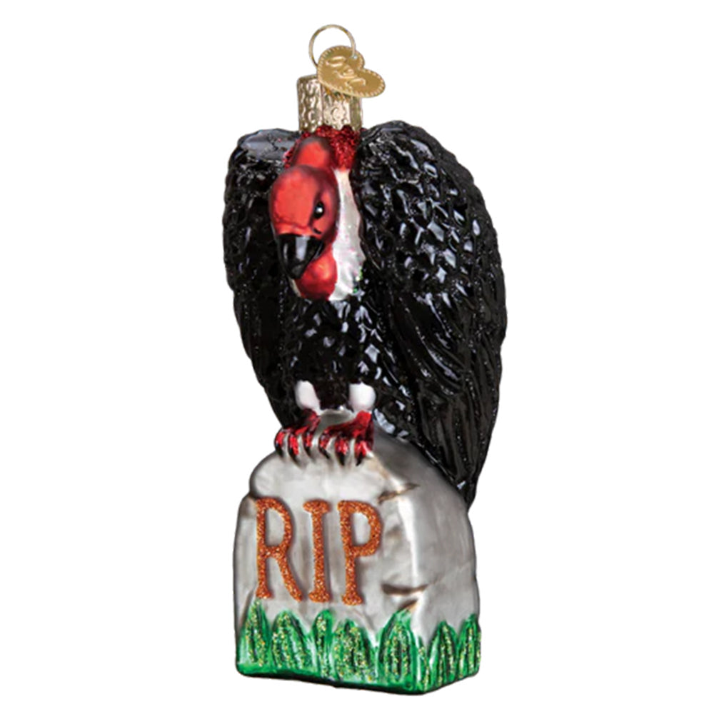 Halloween Vulture on Tombstone Glass Ornament
