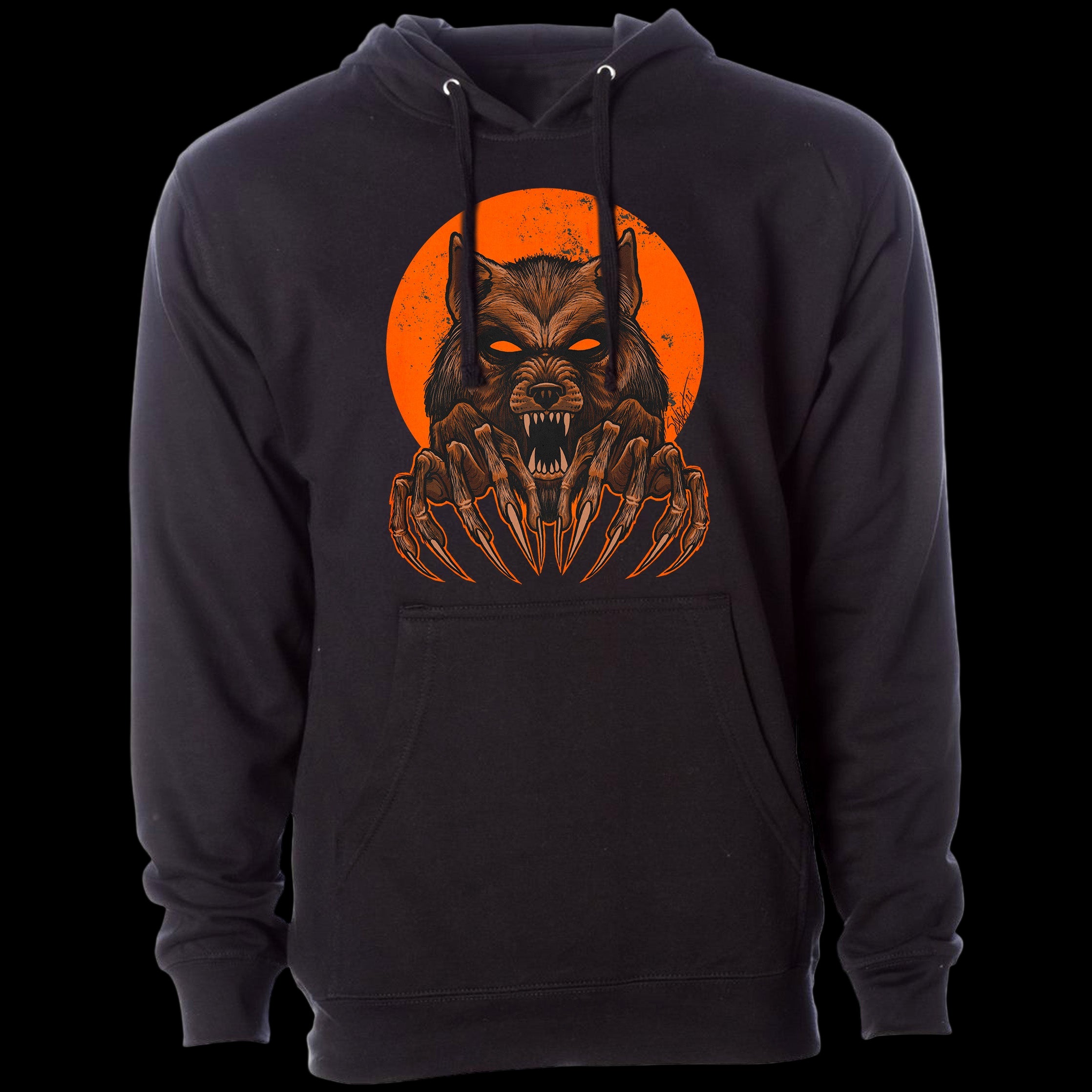 Black hoodie with a graphic of a wolf and orange circle on a white background